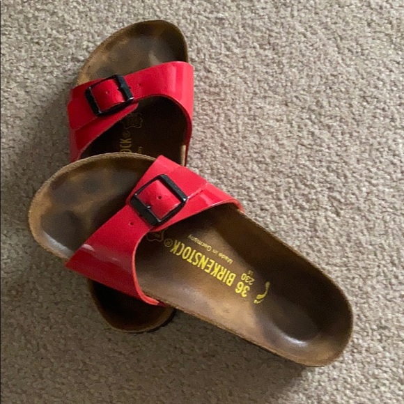 red patent birkenstock sandals